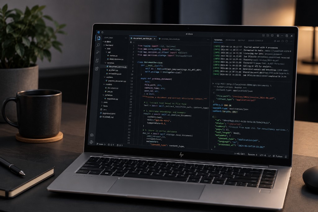 Developer workspace — code editor and product delivery setup